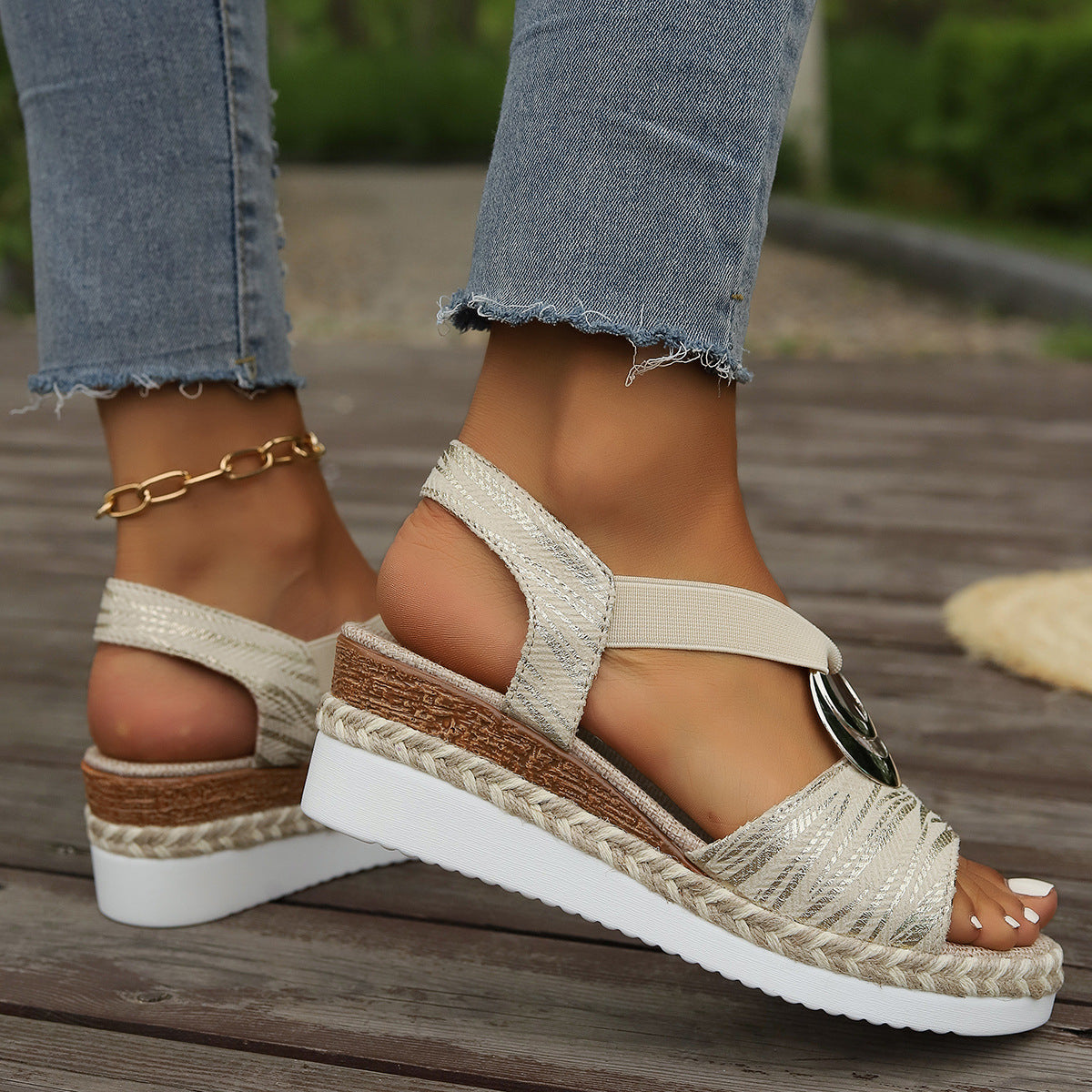 New Women's Summer Wedge Sandals with Metal Buckle and Jute-Wrapped Heel