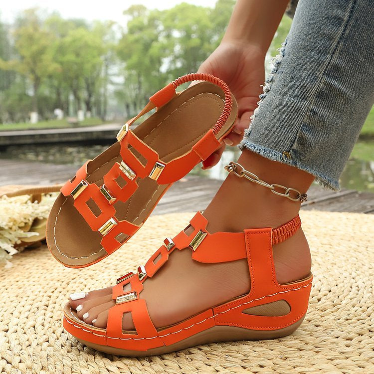 Summer new style metal decorated large size wedge sandals