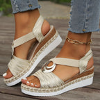 New Women's Summer Wedge Sandals with Metal Buckle and Jute-Wrapped Heel
