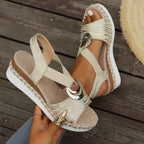 New Women's Summer Wedge Sandals with Metal Buckle and Jute-Wrapped Heel