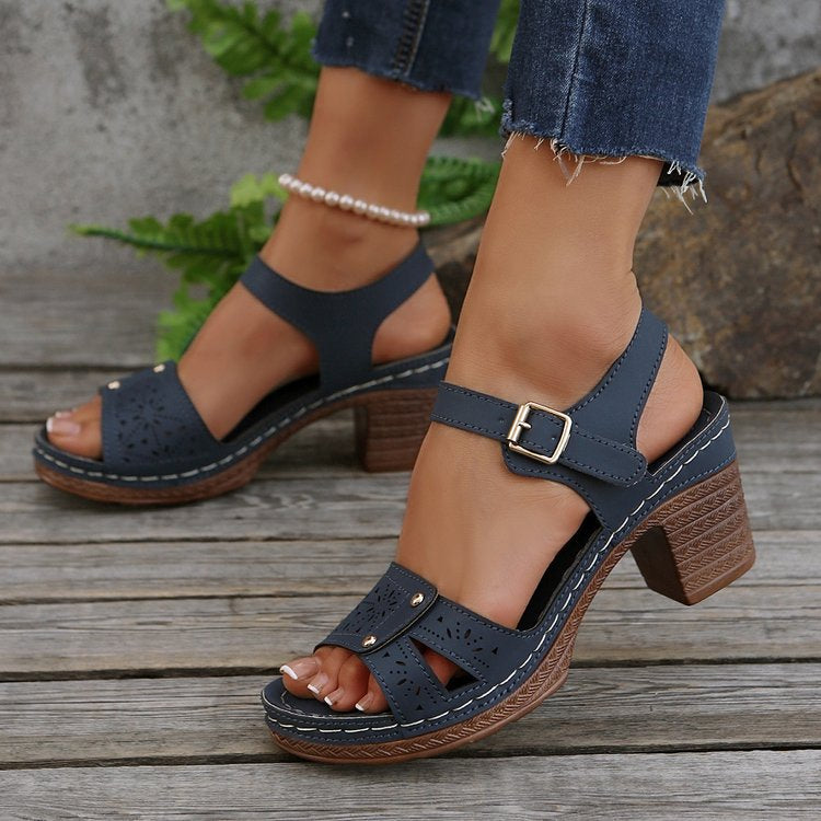 2026 retro style hollow pattern high heel buckle sandals