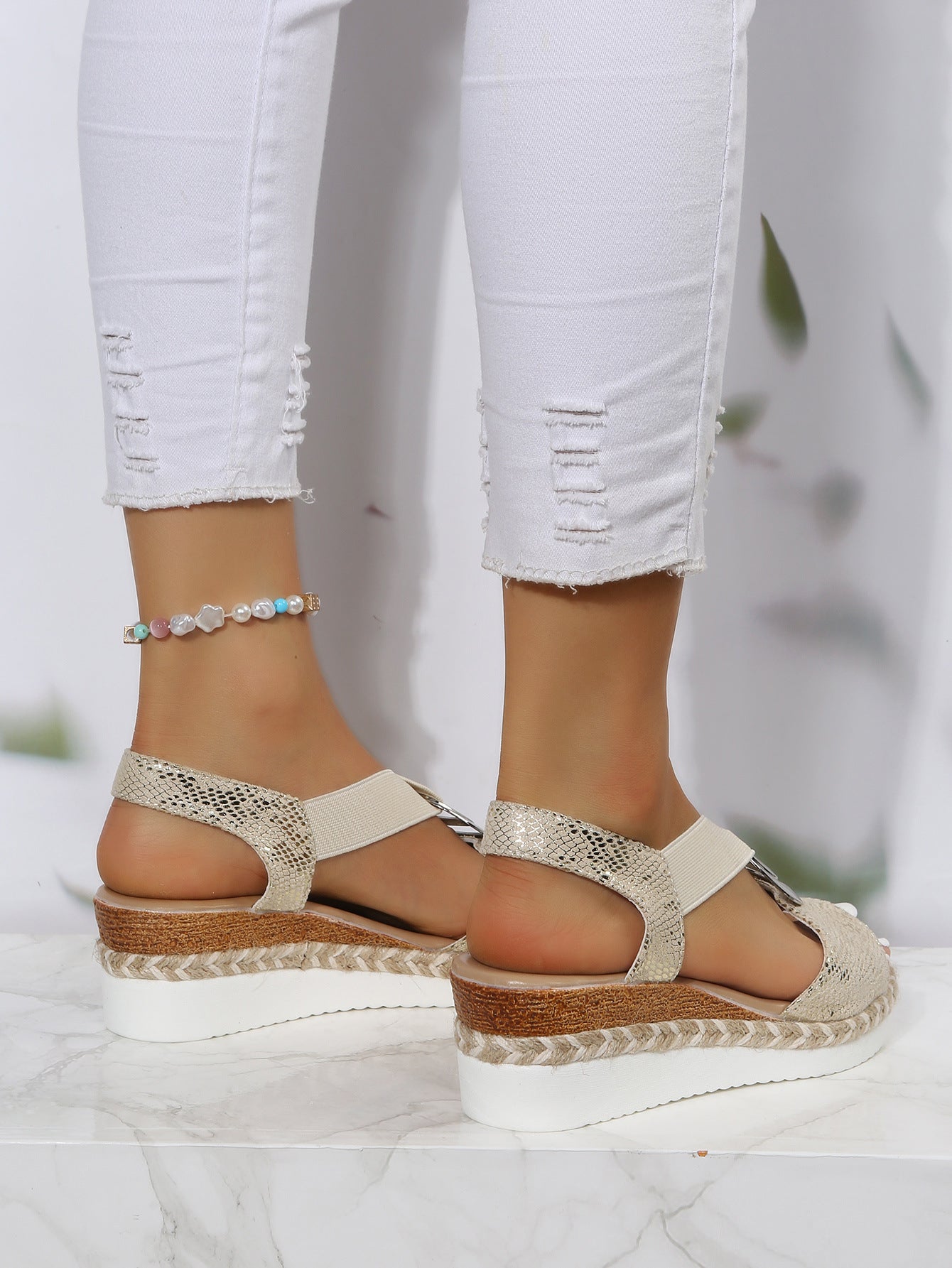 New Autumn Women's Metal-Buckle Jute-Wrapped Wedge Sandals