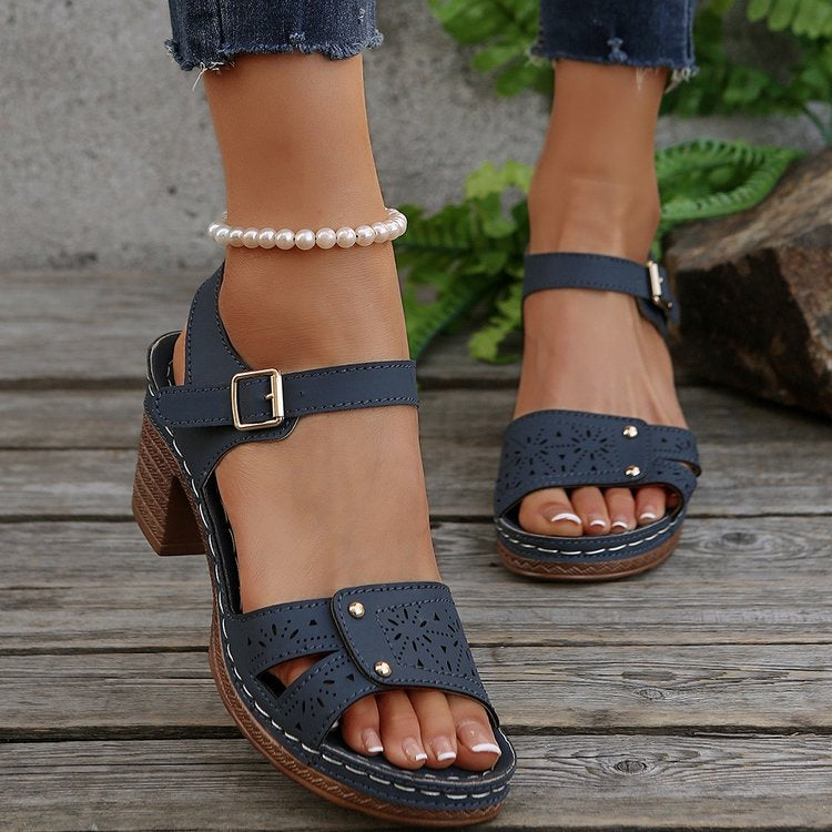 2026 retro style hollow pattern high heel buckle sandals
